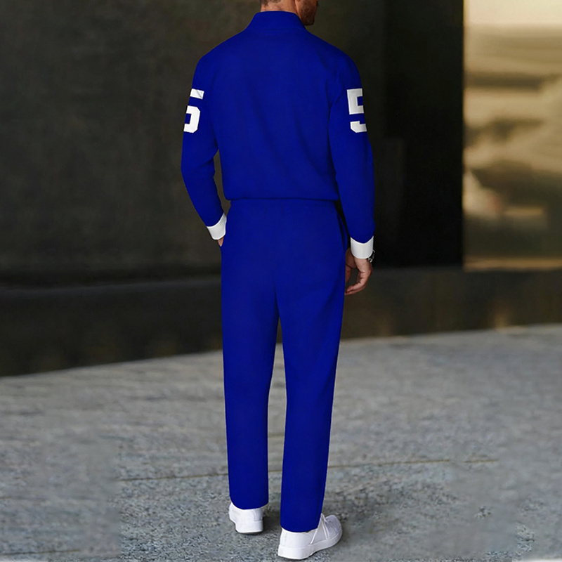 Men's fashion casual geometric print long sleeve zipper polo two-piece set