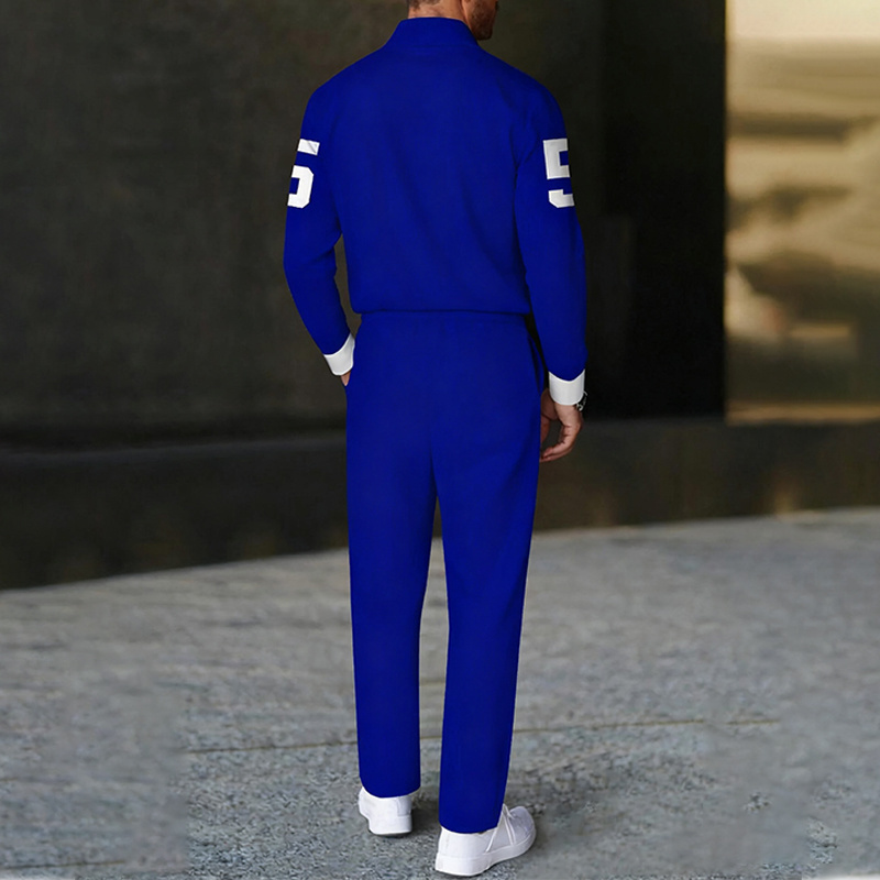 Men's fashion casual geometric print long sleeve zipper polo two-piece set