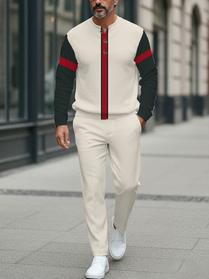 Men's fashion casual geometric print long sleeve zipper two-piece set