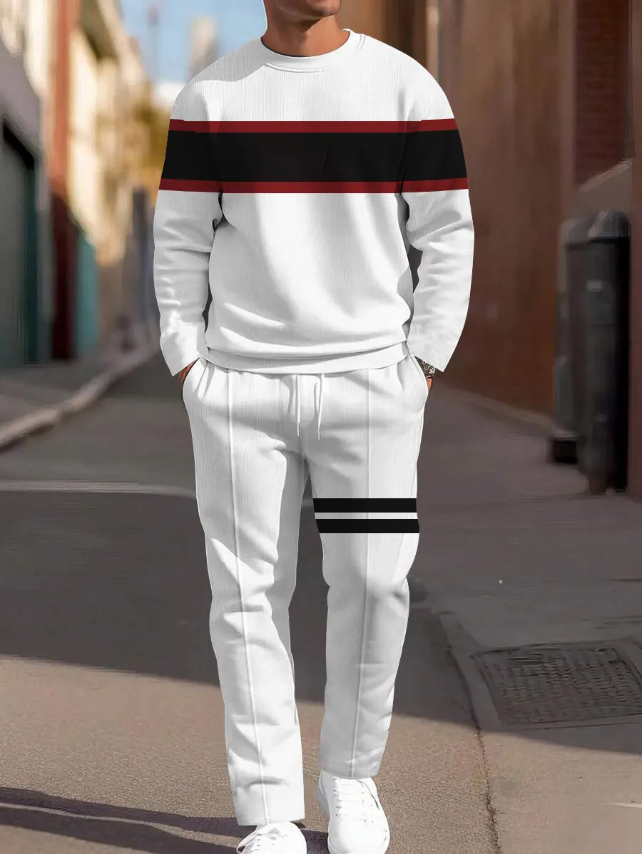 Men's fashion casual geometric printed hoodie two-piece set