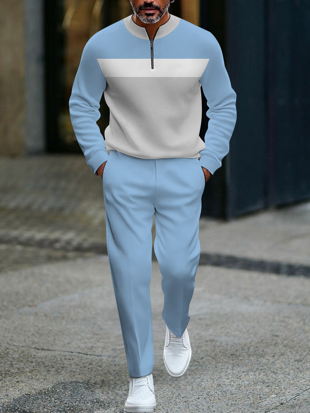 Men's fashion casual geometric print long sleeve zipper two-piece set