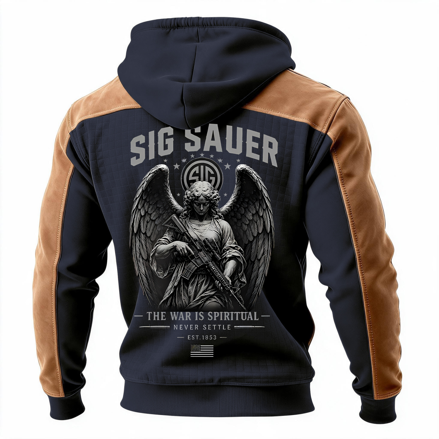 The War Is Spiritual NEVER SETTLE Angel Statue Cotton Printed Fleece-lined Unisex Color-Blocked Hoodie