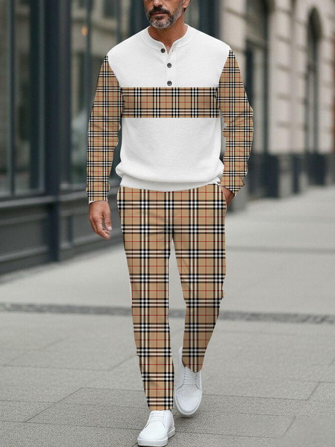 Men's Fashion Casual Geometric Print Long Sleeve Button Design Two-Piece Set