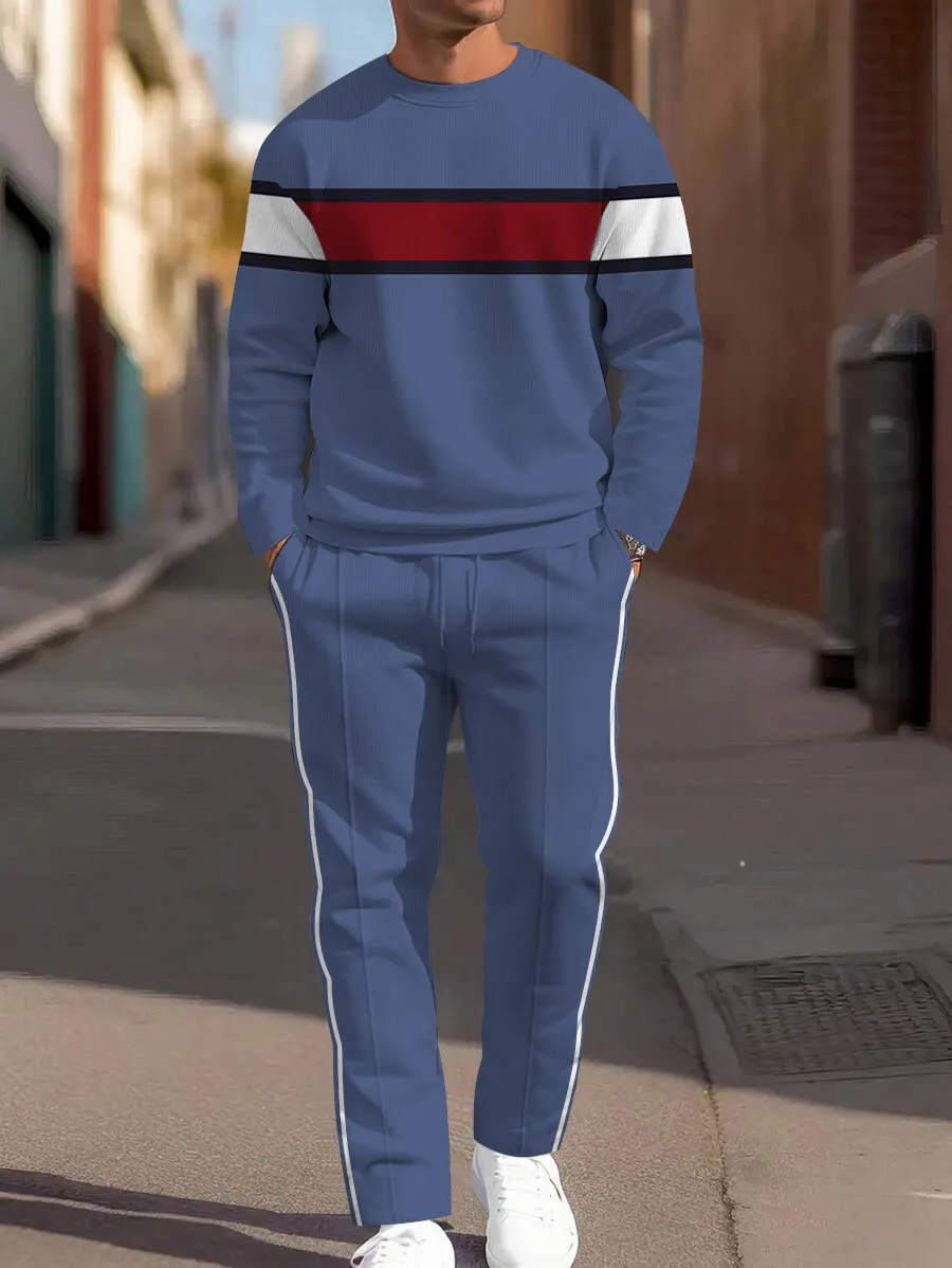 Men's fashion casual geometric printed hoodie two-piece set