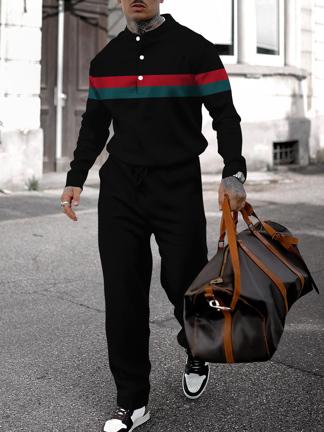 Men's fashion casual geometric print long sleeve two-piece set