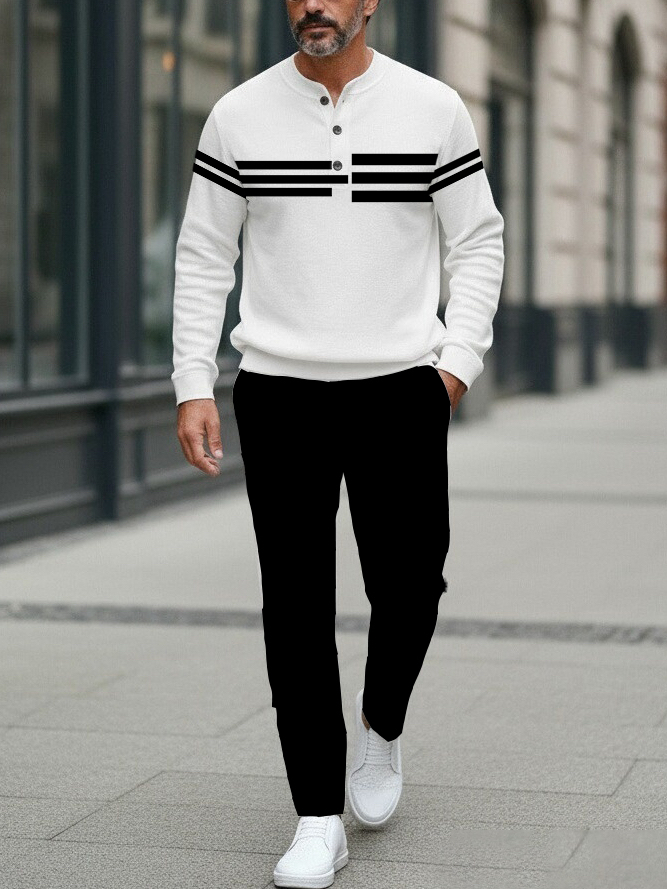 Men's fashion casual geometric print long sleeve zipper two-piece set