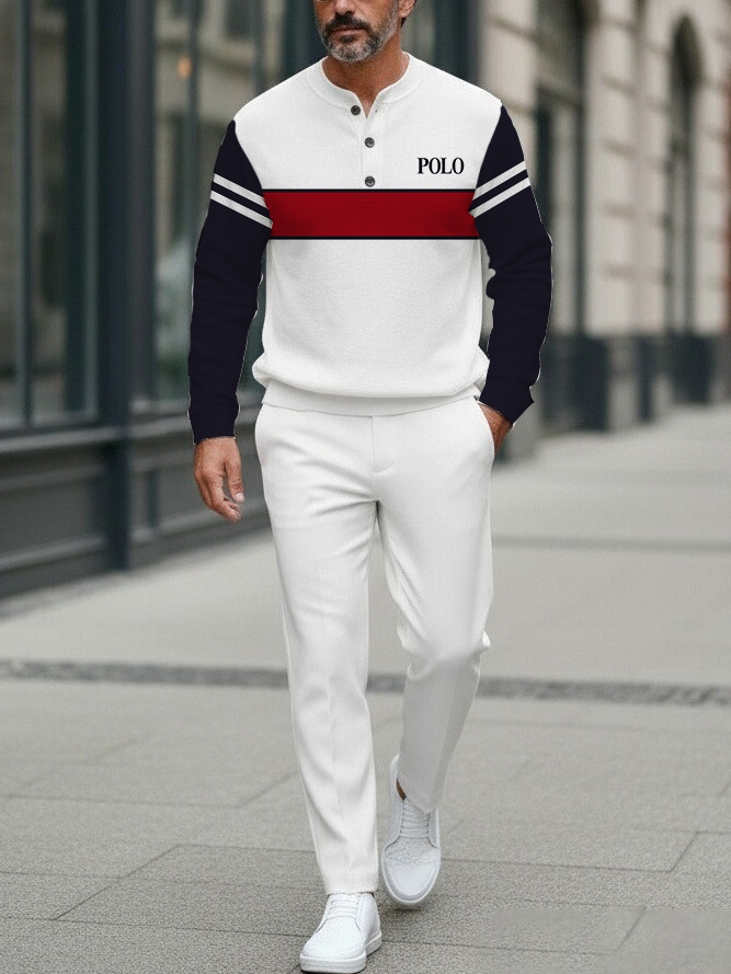 Men's fashion casual geometric print long sleeve zipper two-piece set