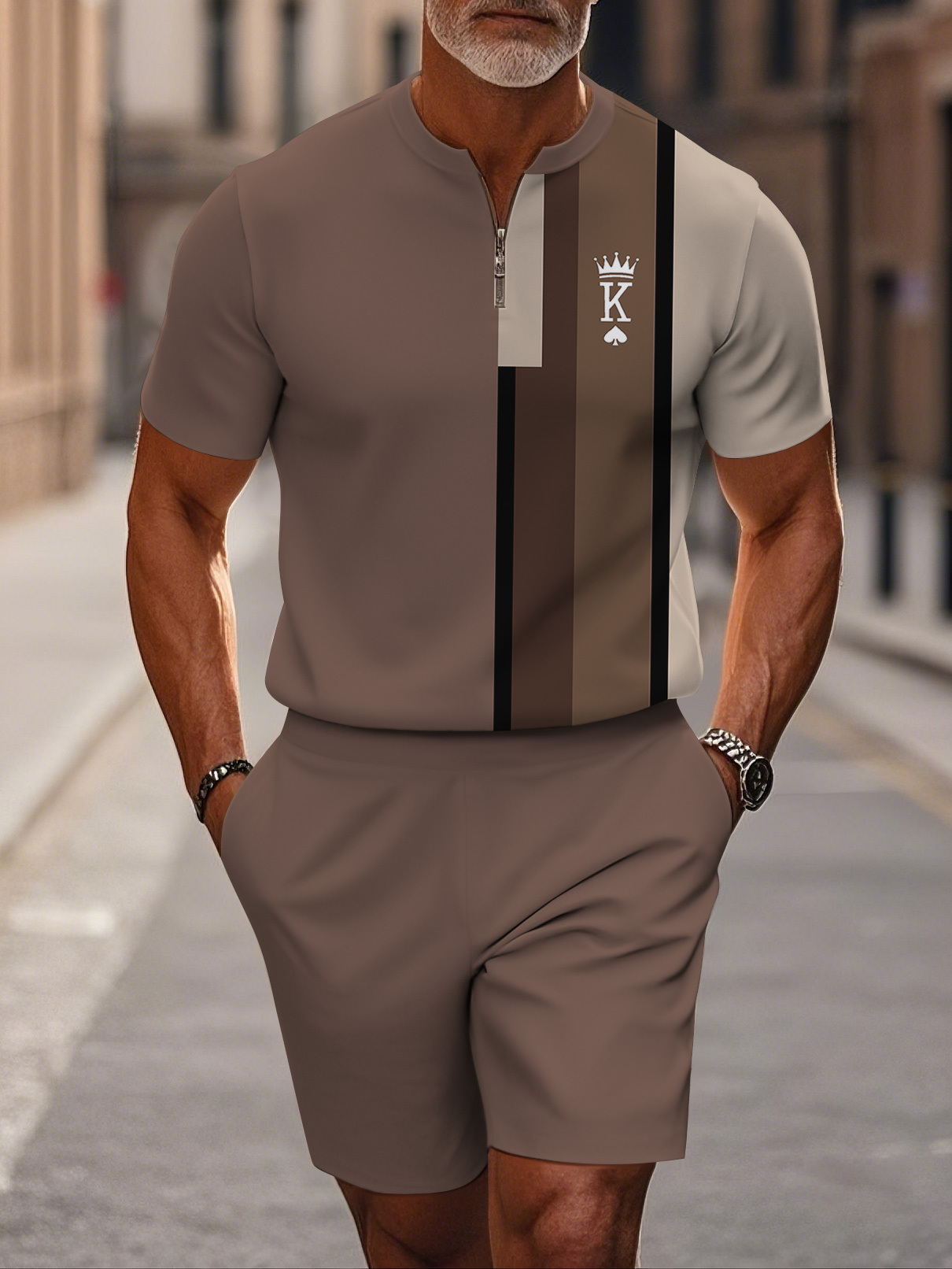 Men's fashion casual round-neck zipper geometric printed short-sleeved two-piece set