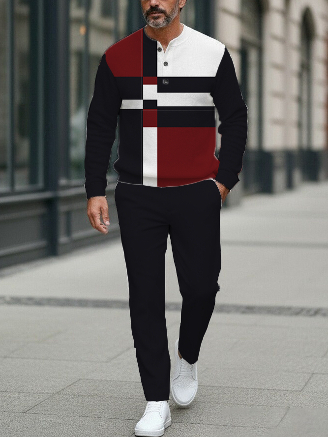 Men's fashion casual geometric print long sleeve zipper two-piece set
