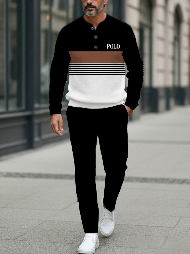 Men's Fashion Casual Geometric Print Long Sleeve Button Design Two-Piece Set