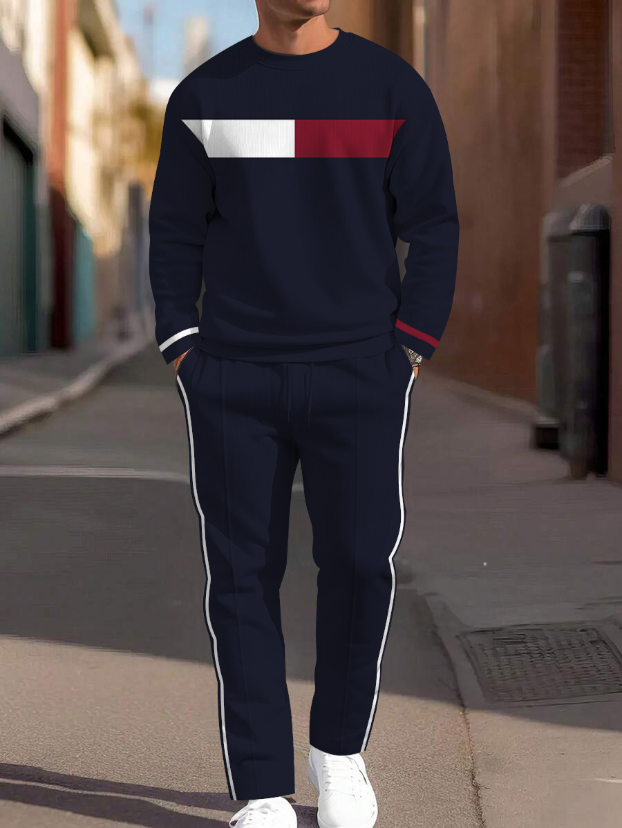 Men's fashion casual geometric printed hoodie two-piece set