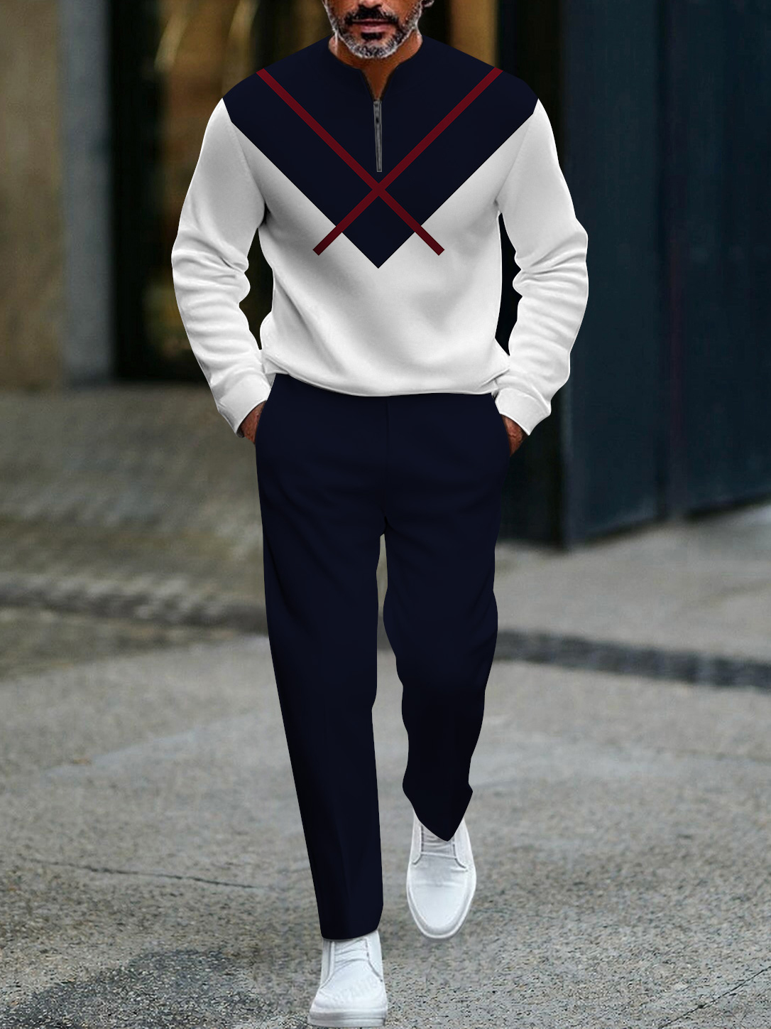 Men's fashion casual geometric print long sleeve zipper two-piece set