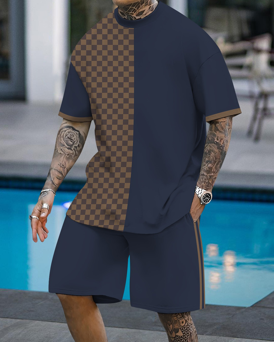 Men's fashion casual color matching printed short-sleeved two-piece set