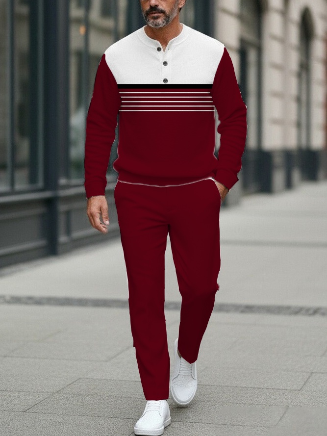 Men's fashion casual geometric print long sleeve zipper two-piece set