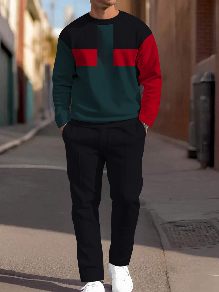 Men's fashion casual geometric printed hoodie two-piece set