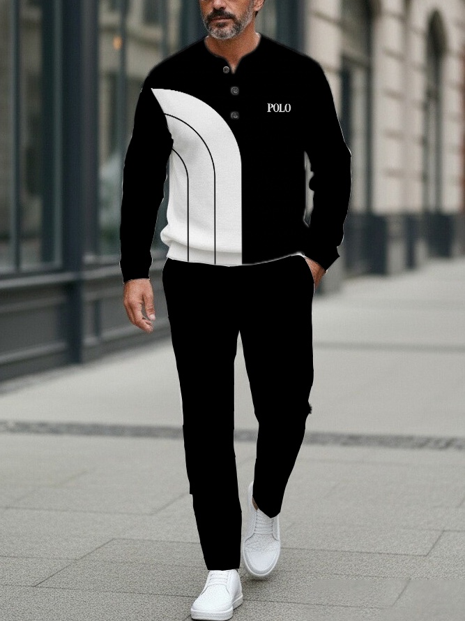 Men's Fashion Casual Geometric Print Long Sleeve Button Design Two-Piece Set