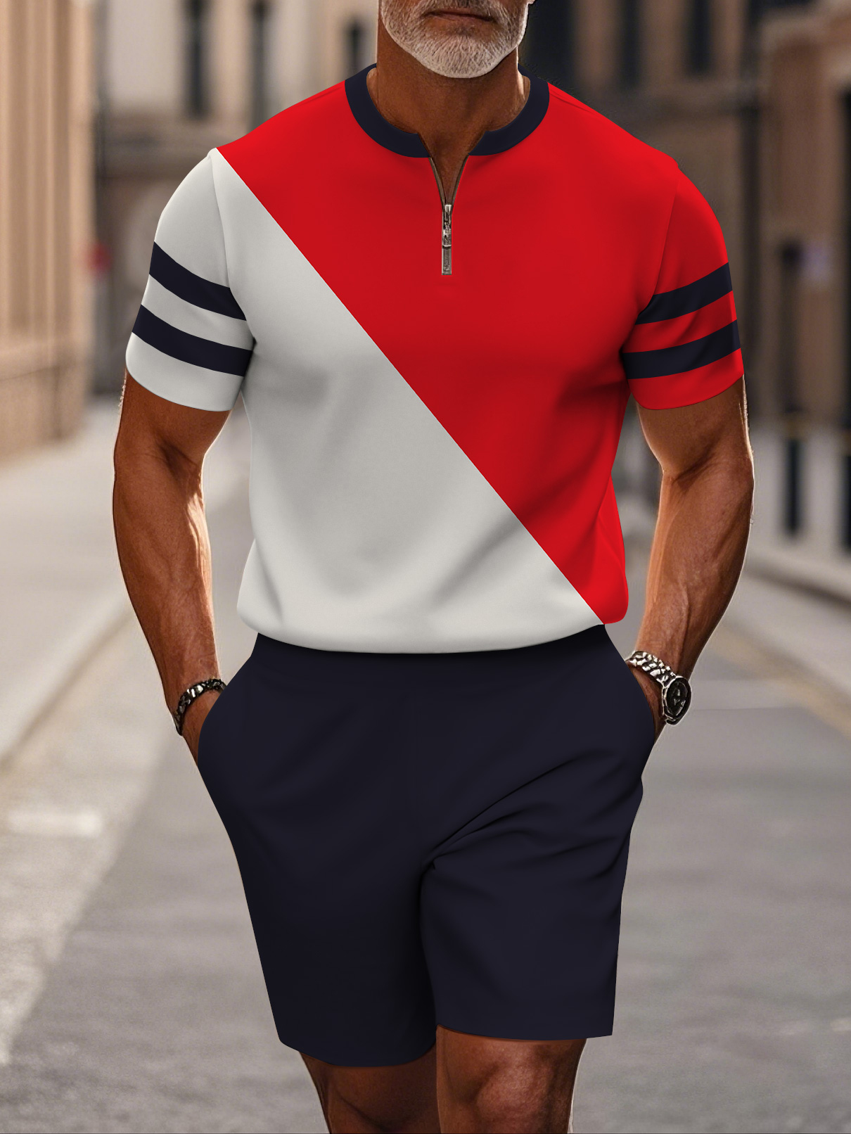 Men's fashion casual round-neck zipper geometric printed short-sleeved two-piece set