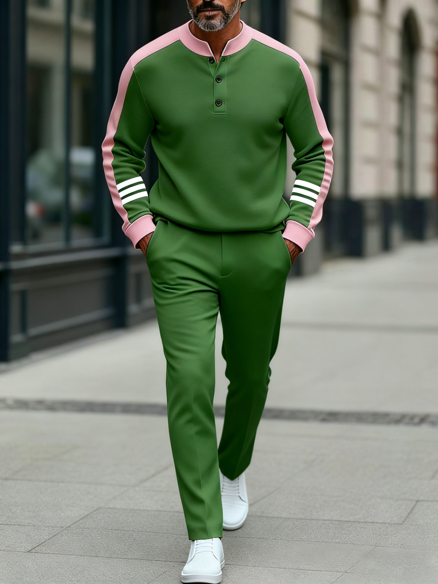 Men's fashion casual geometric print long sleeve zipper two-piece set