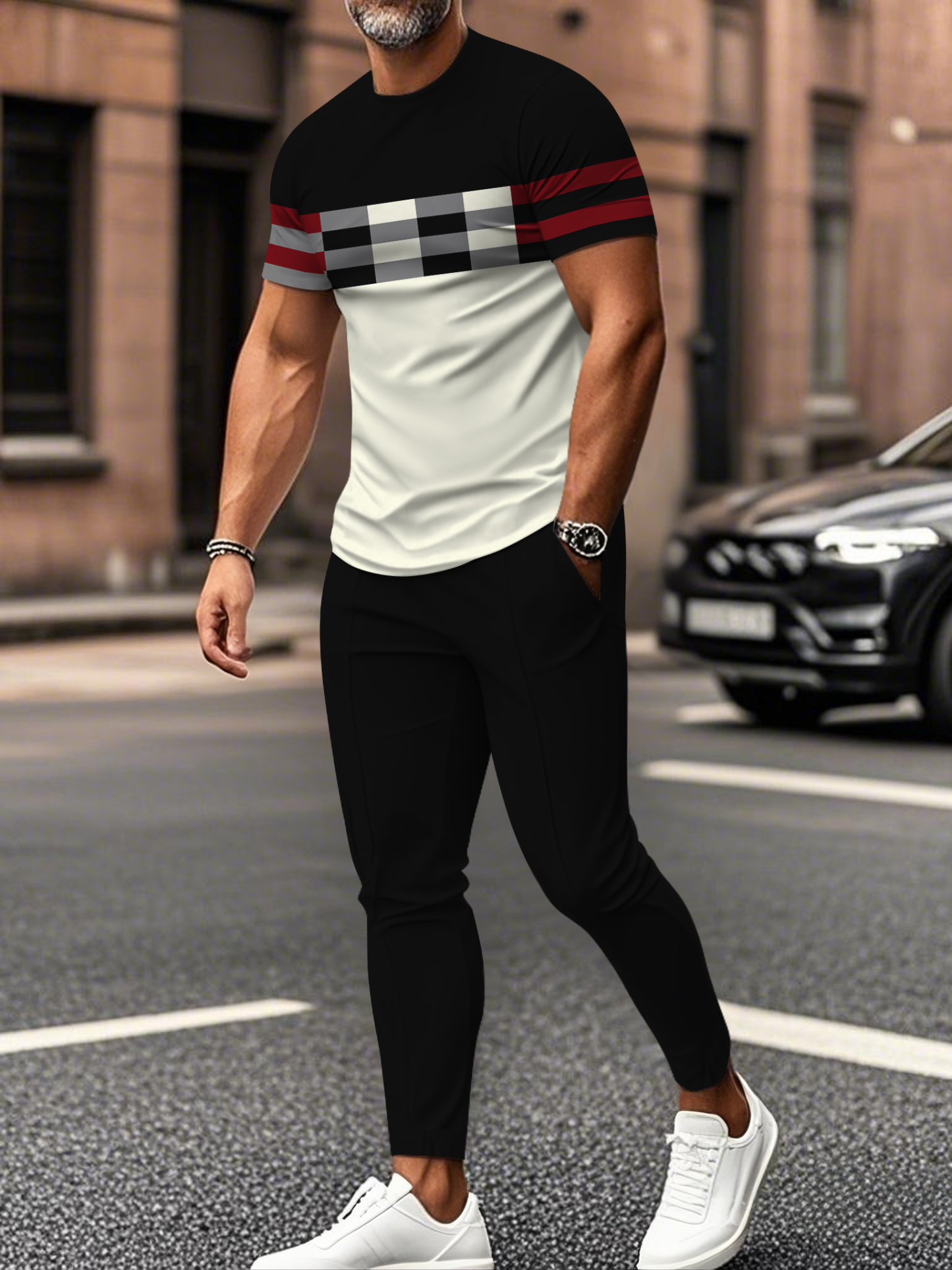 Men's fashion casual color matching striped printed short sleeved trousers two-piece set