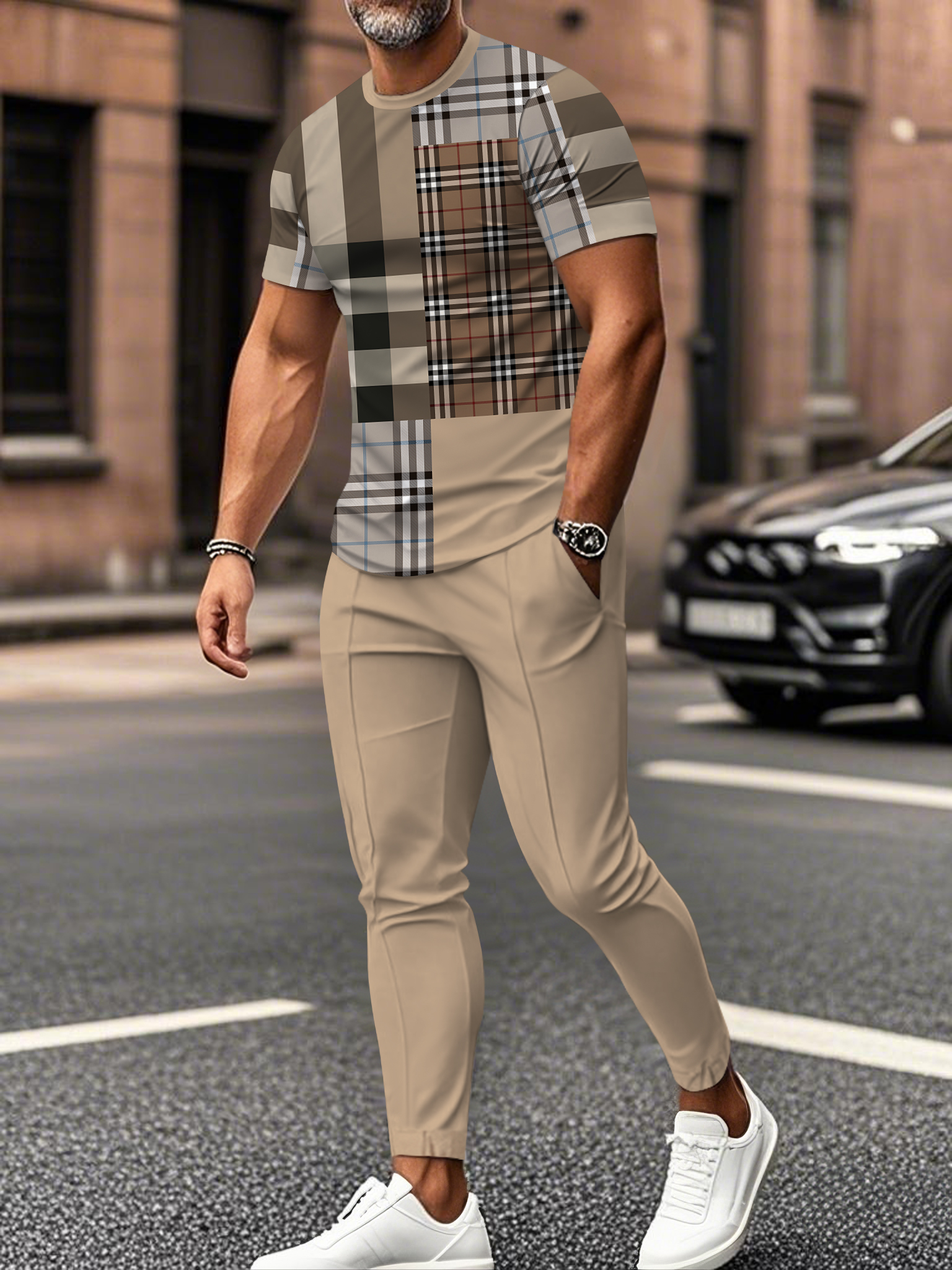 Men's fashion casual color matching striped printed short sleeved trousers two-piece set