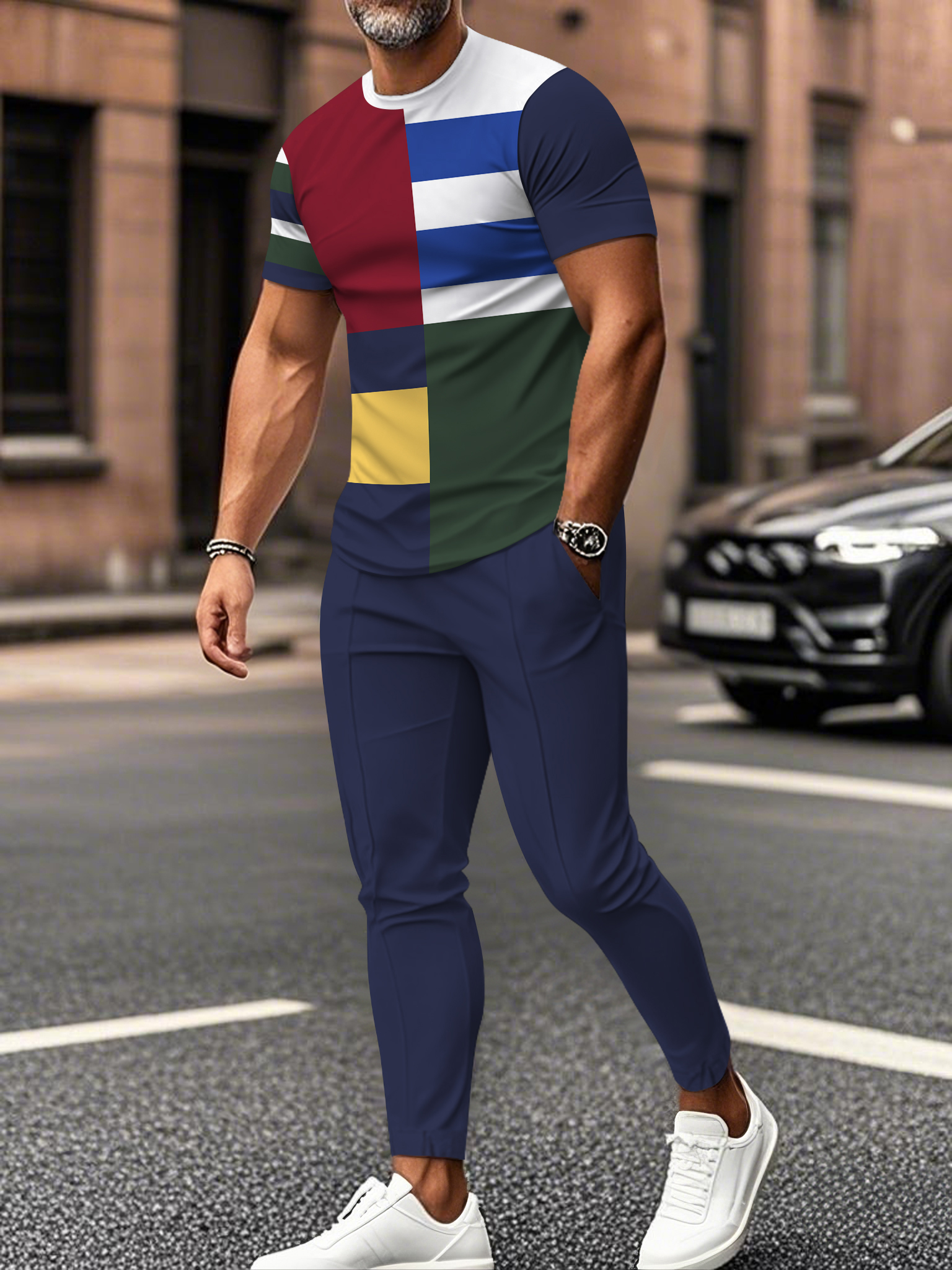 Men's fashion casual color matching striped printed short sleeved trousers two-piece set