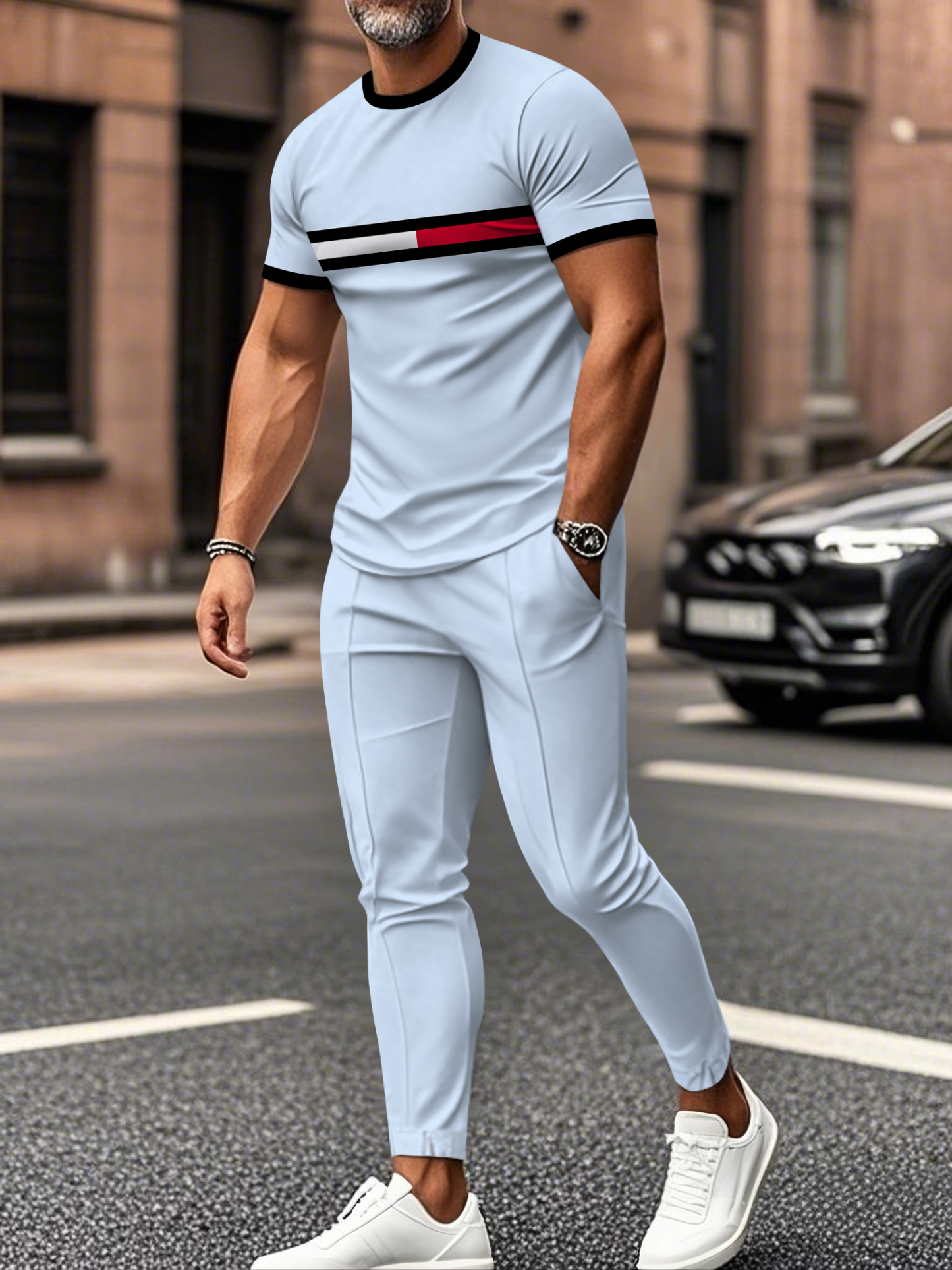 Men's fashion casual color matching striped printed short sleeved trousers two-piece set