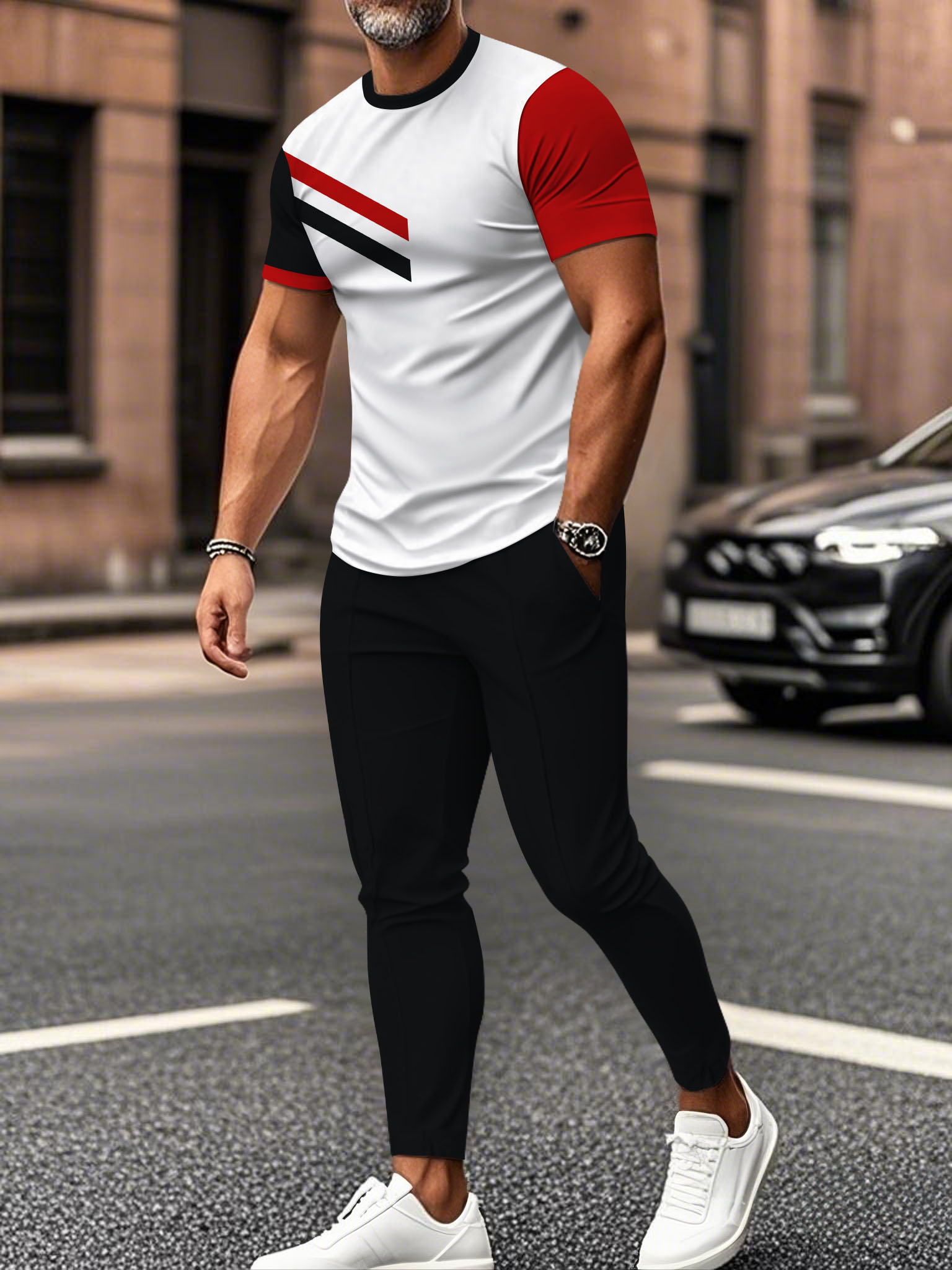 Men's fashion casual color matching striped printed short sleeved trousers two-piece set