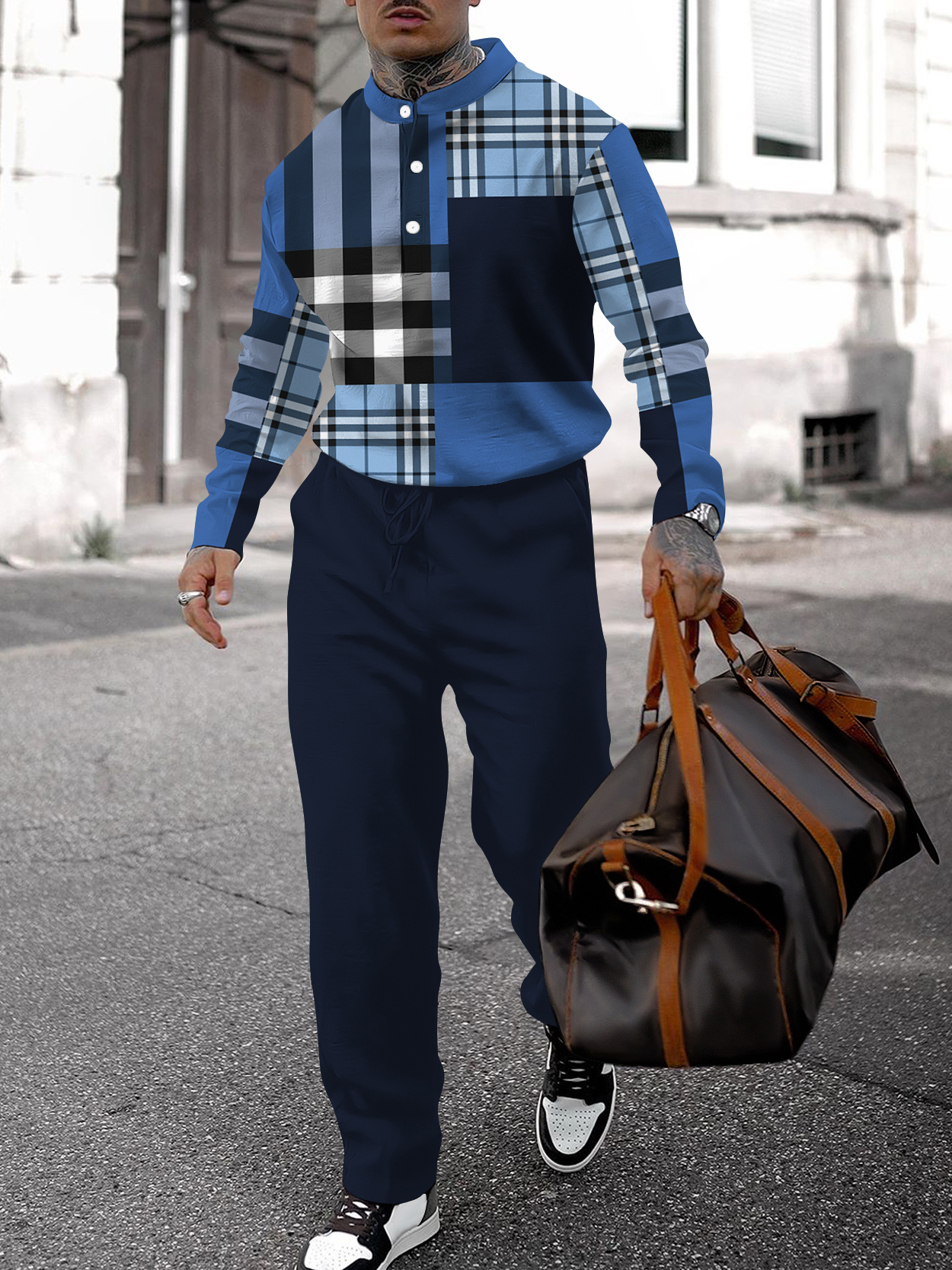 Men's fashion casual geometric print long sleeve two-piece set