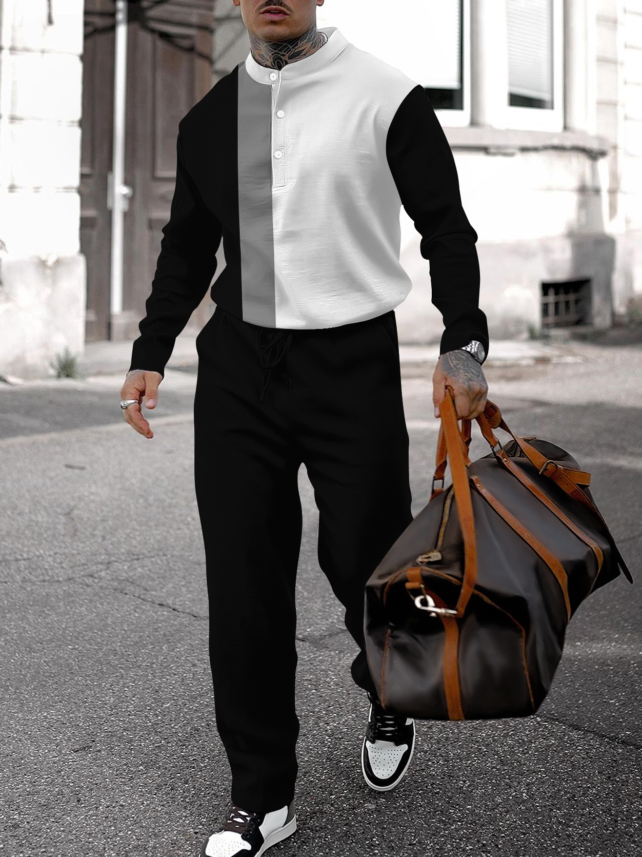 Men's fashion casual geometric print long sleeve two-piece set