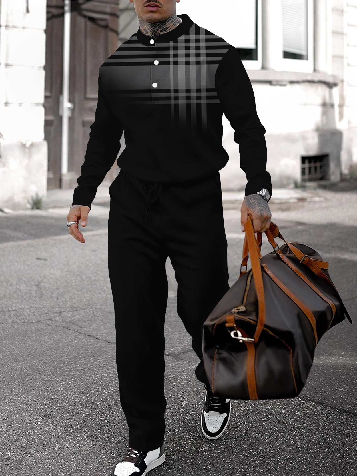 Men's fashion casual geometric print long sleeve two-piece set