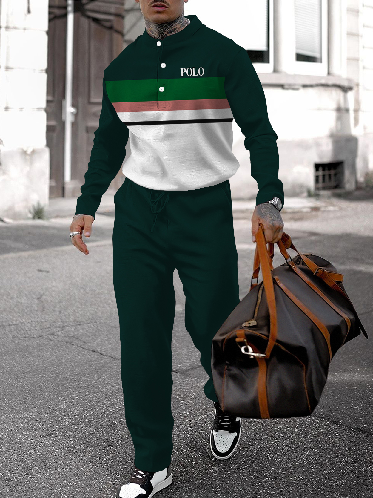 Men's fashion casual geometric print long sleeve two-piece set