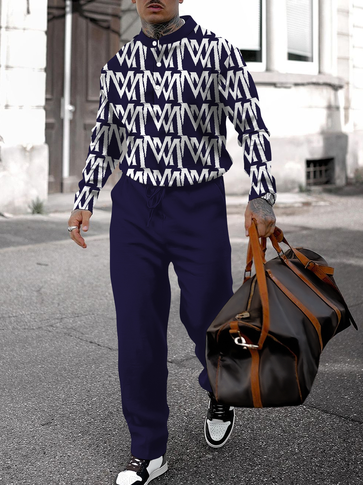 Men's fashion casual geometric print long sleeve two-piece set