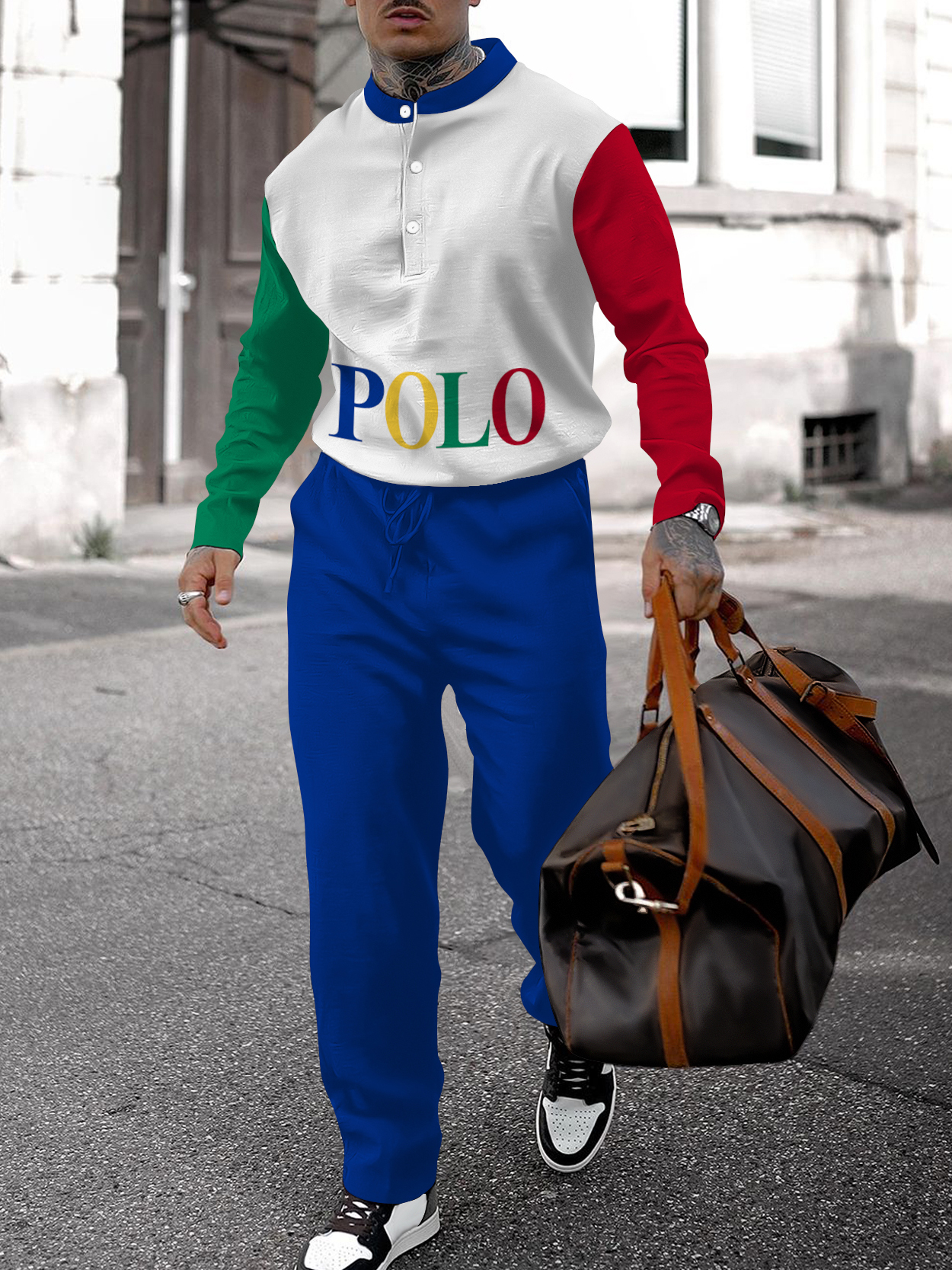 Men's fashion casual geometric print long sleeve two-piece set