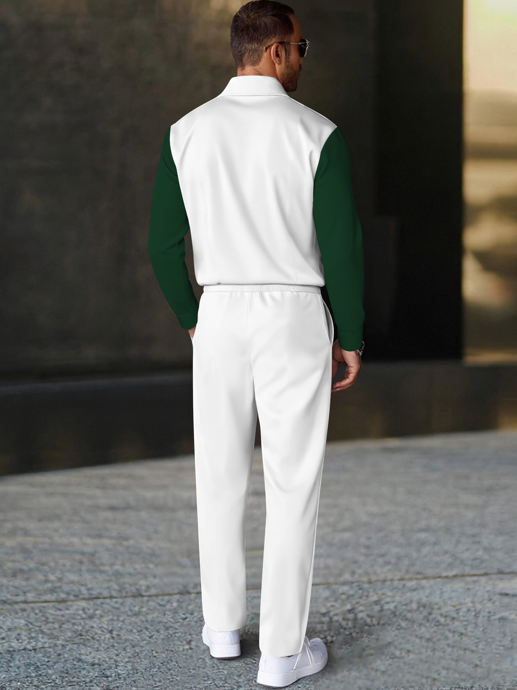 Men's fashion casual geometric print long sleeve zipper polo two-piece set