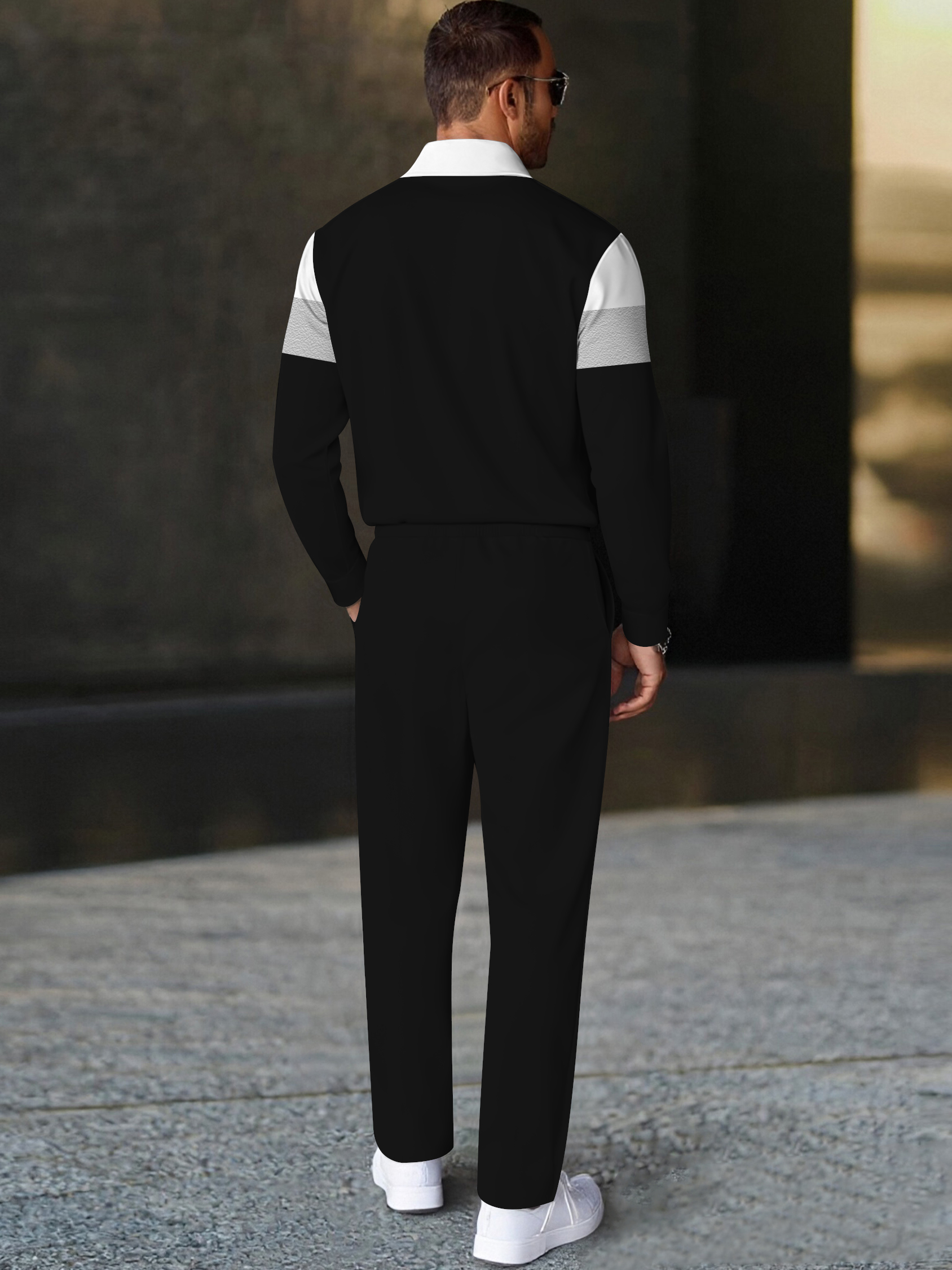 Men's fashion casual geometric print long sleeve zipper polo two-piece set