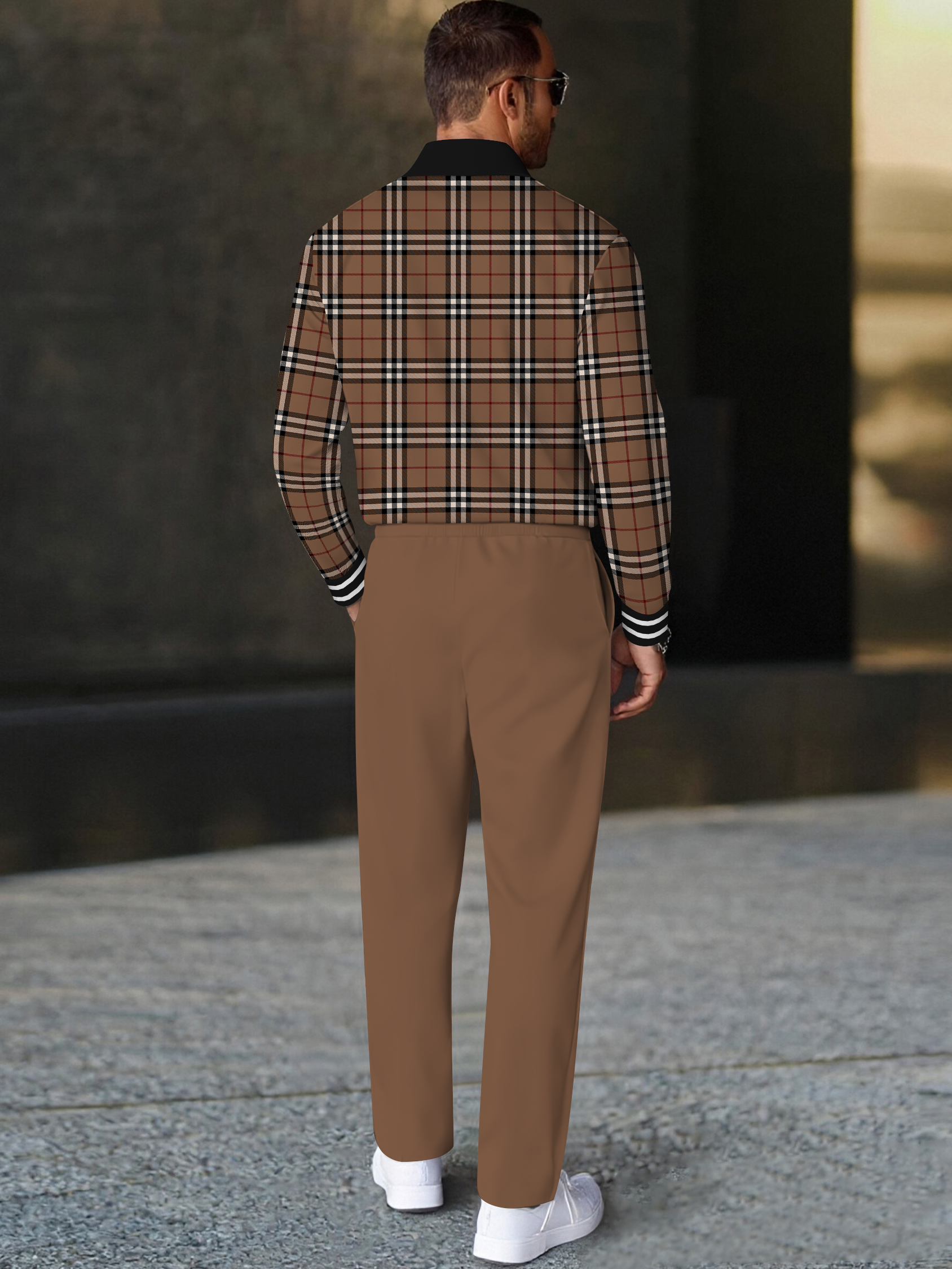 Men's fashion casual geometric print long sleeve zipper polo two-piece set