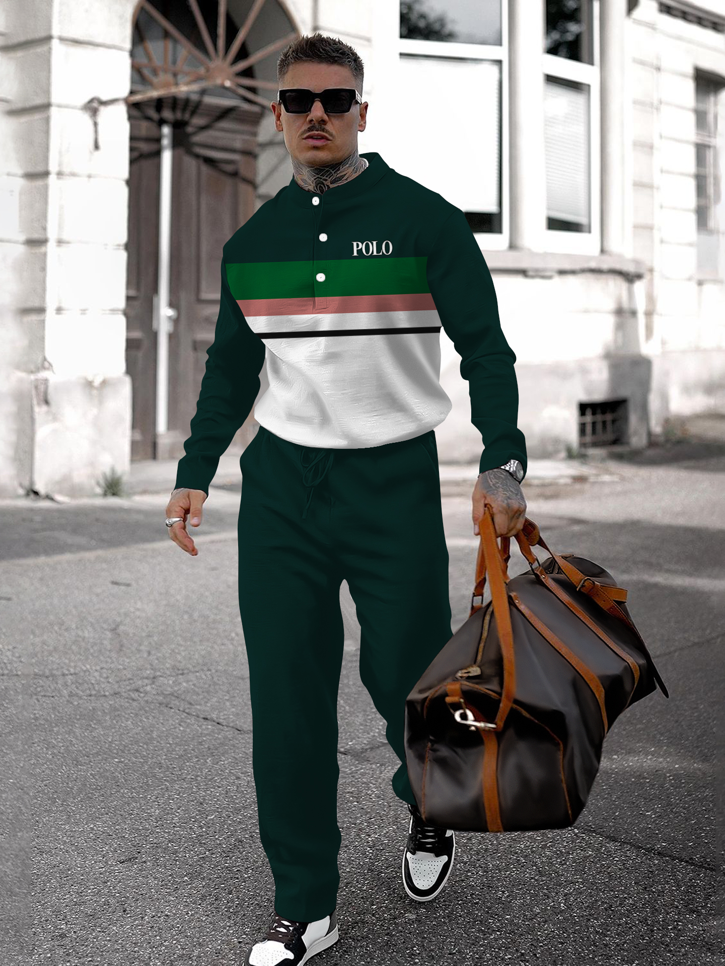 Men's fashion casual geometric print long sleeve two-piece set