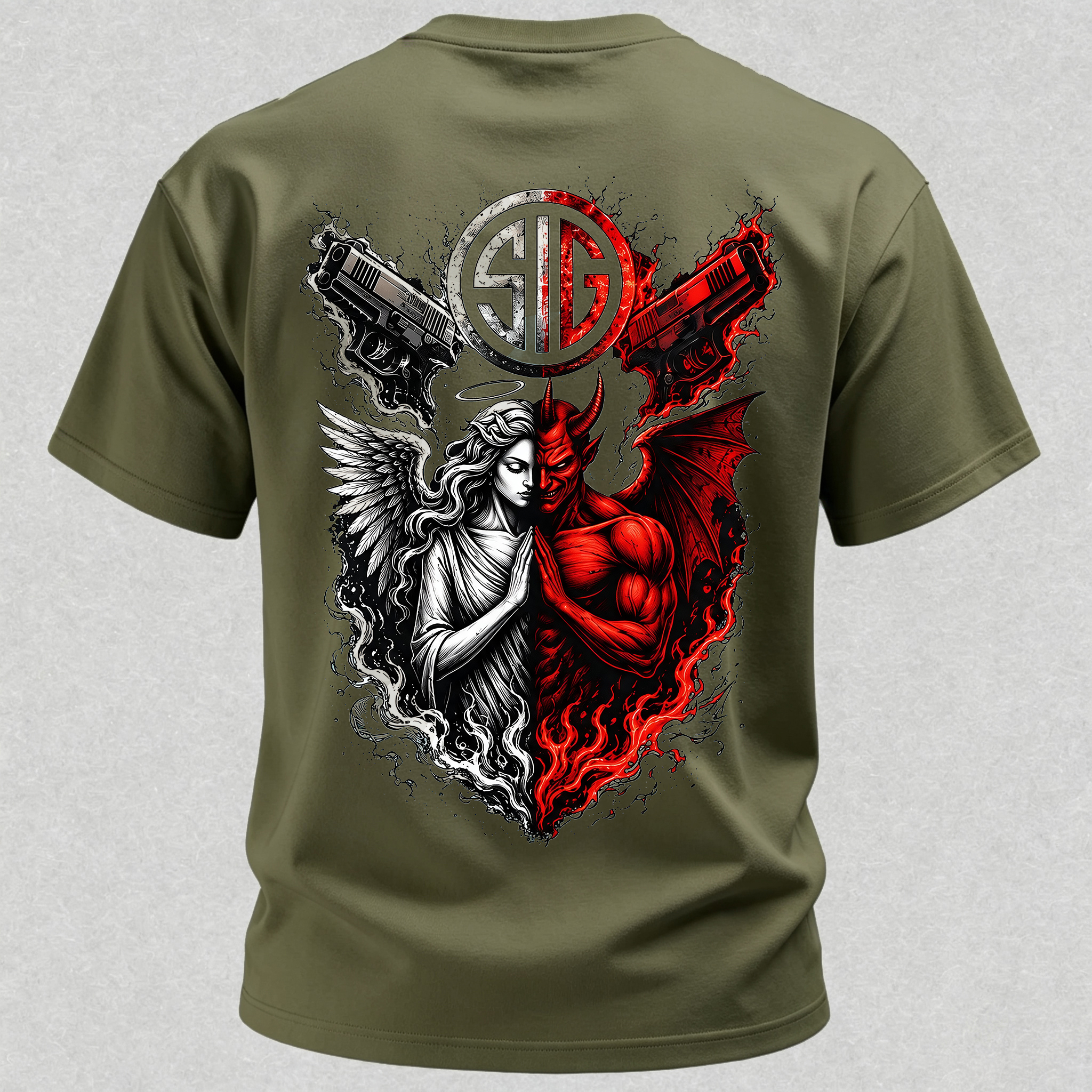 Angel and Demon Dual Pistols Men's Cotton Graphic T-Shirt Tactical Heaven and Hell Combat