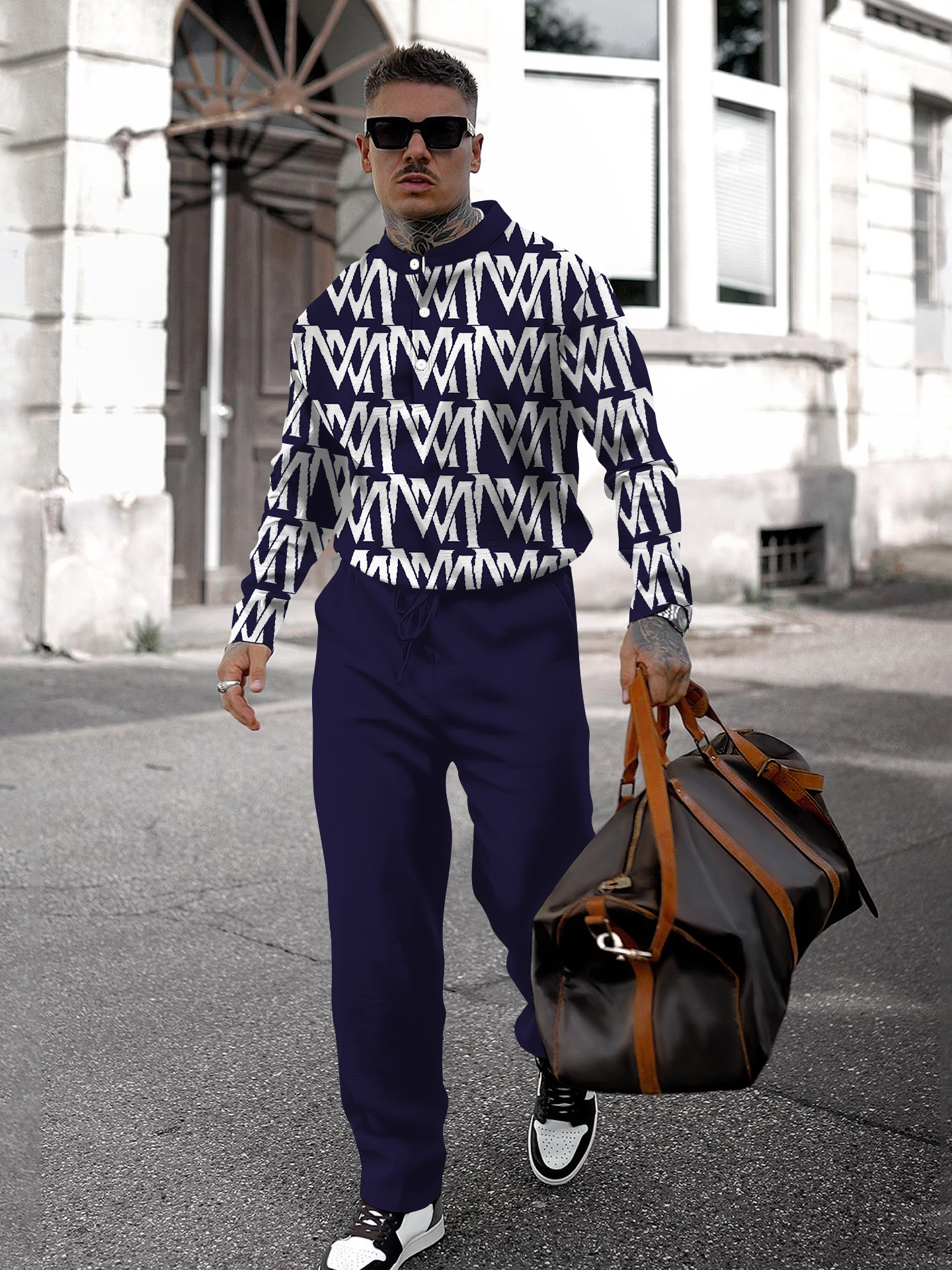 Men's fashion casual geometric print long sleeve two-piece set