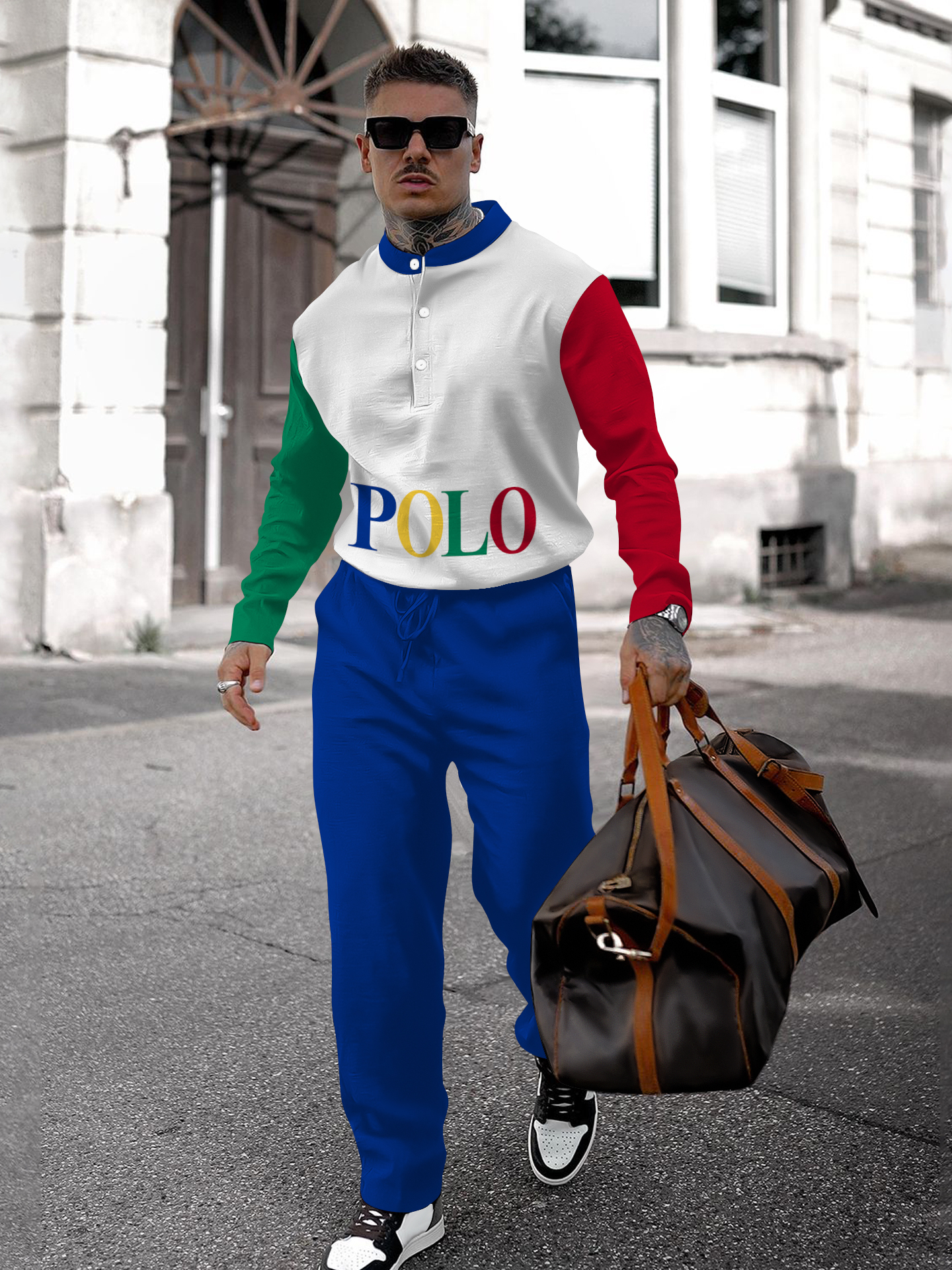 Men's fashion casual geometric print long sleeve two-piece set