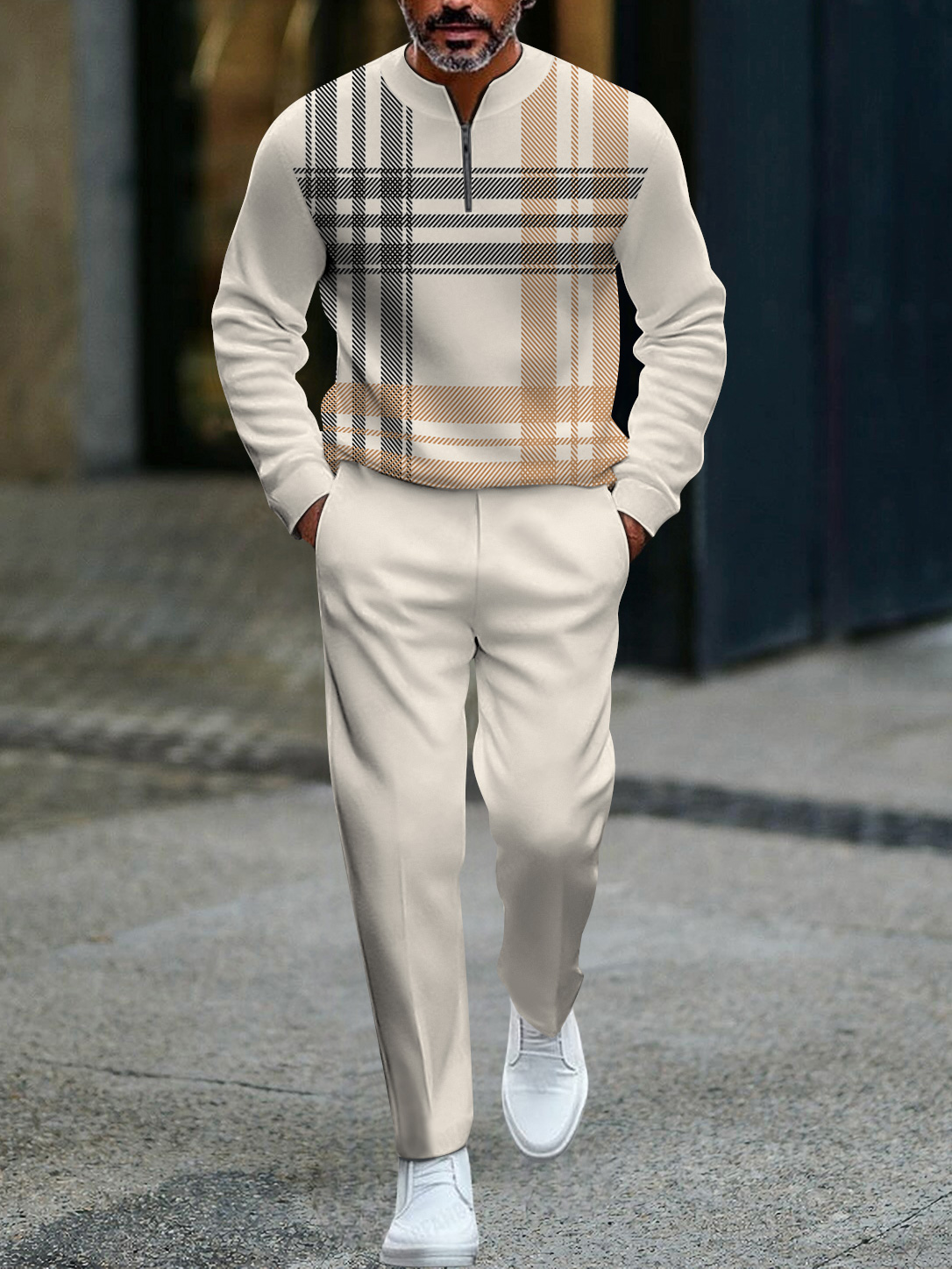 Men's fashion casual geometric print long sleeve zipper two-piece set