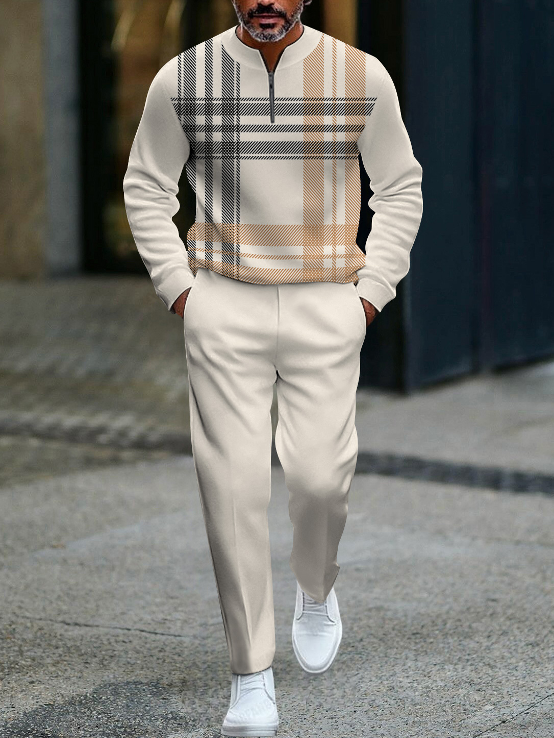 Men's fashion casual geometric print long sleeve zipper two-piece set