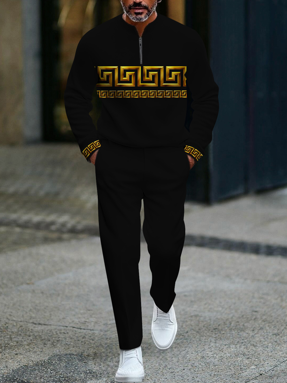 Men's fashion casual geometric print long sleeve zipper two-piece set