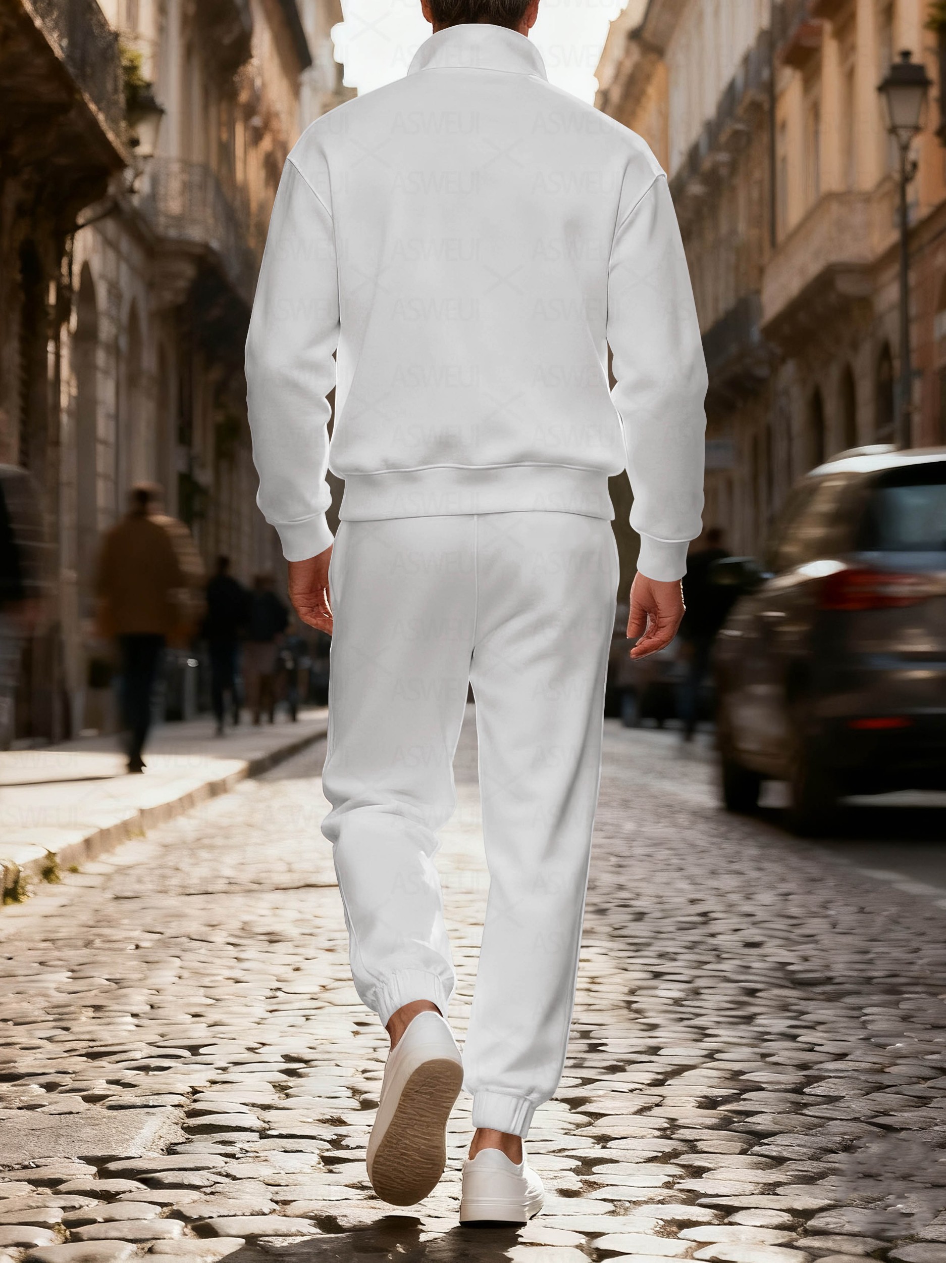 Men's fashionable casual white geometric print zipper long-sleeved two-piece set