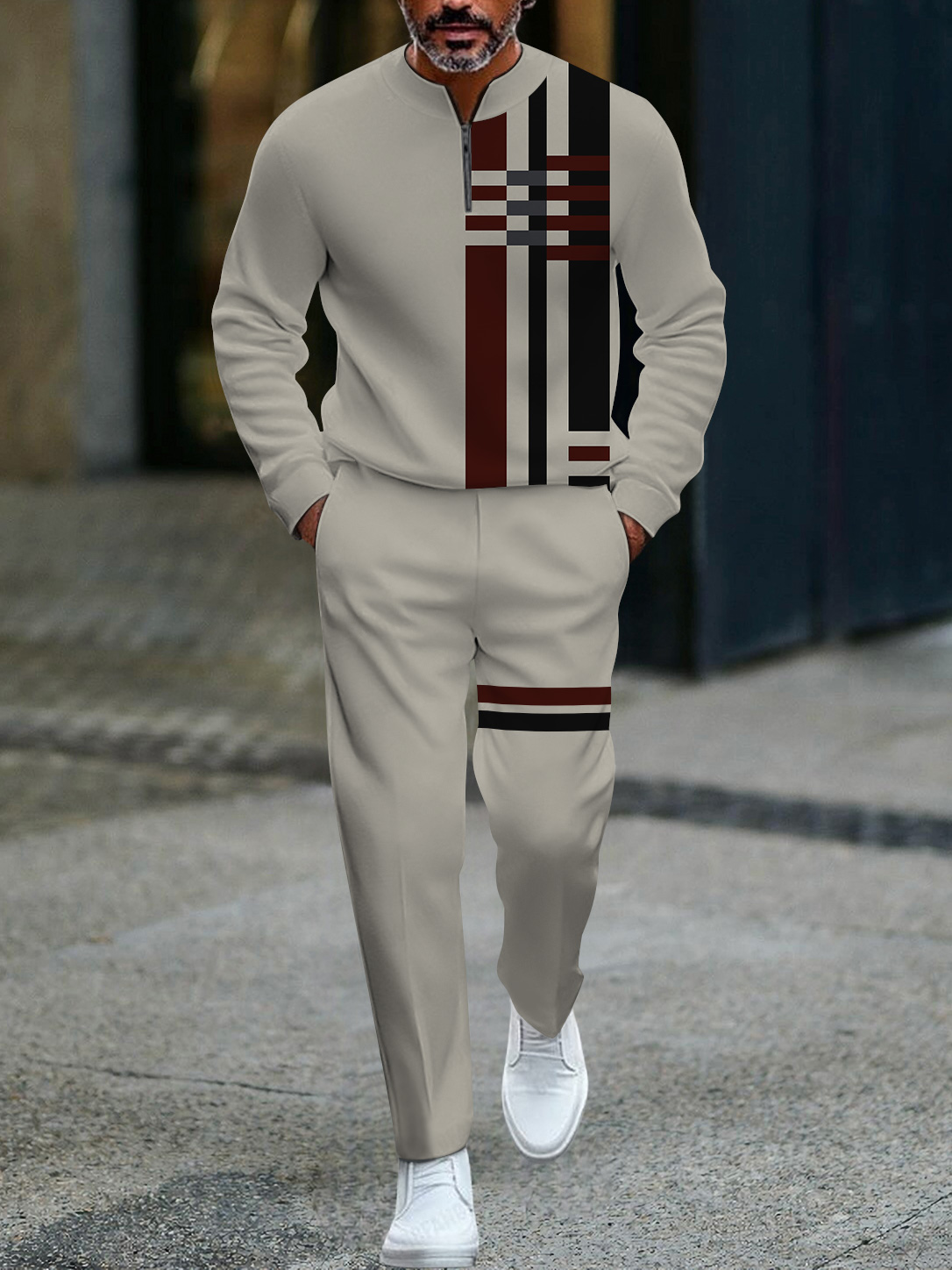 Men's fashion casual geometric print long sleeve zipper two-piece set