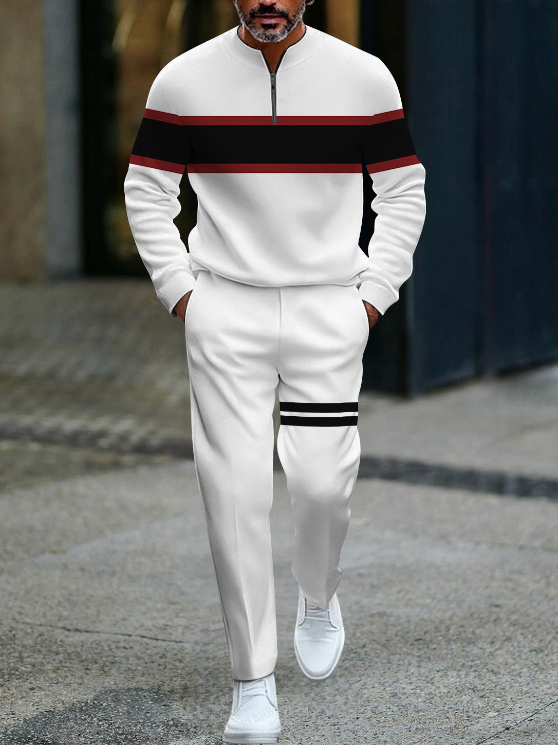 Men's fashion casual geometric print long sleeve zipper two-piece set