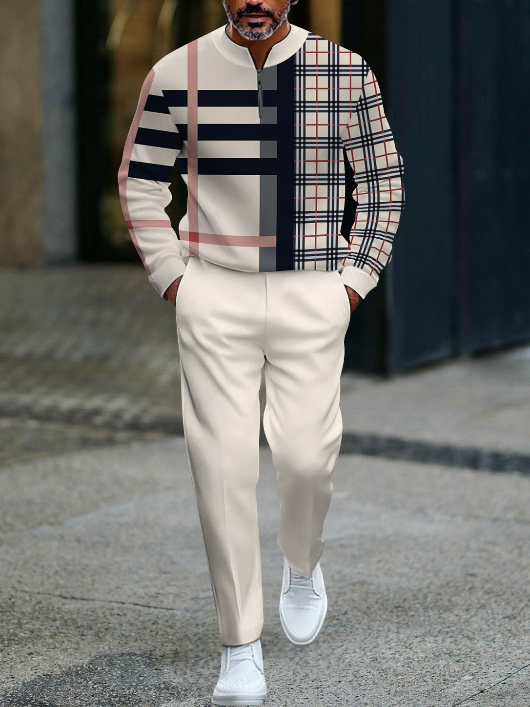 Men's fashion casual geometric print long sleeve zipper two-piece set