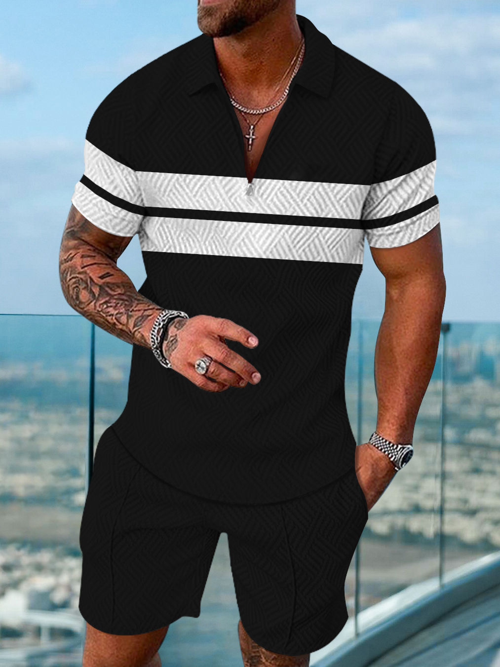 Men's fashion casual color matching printed polo two-piece set