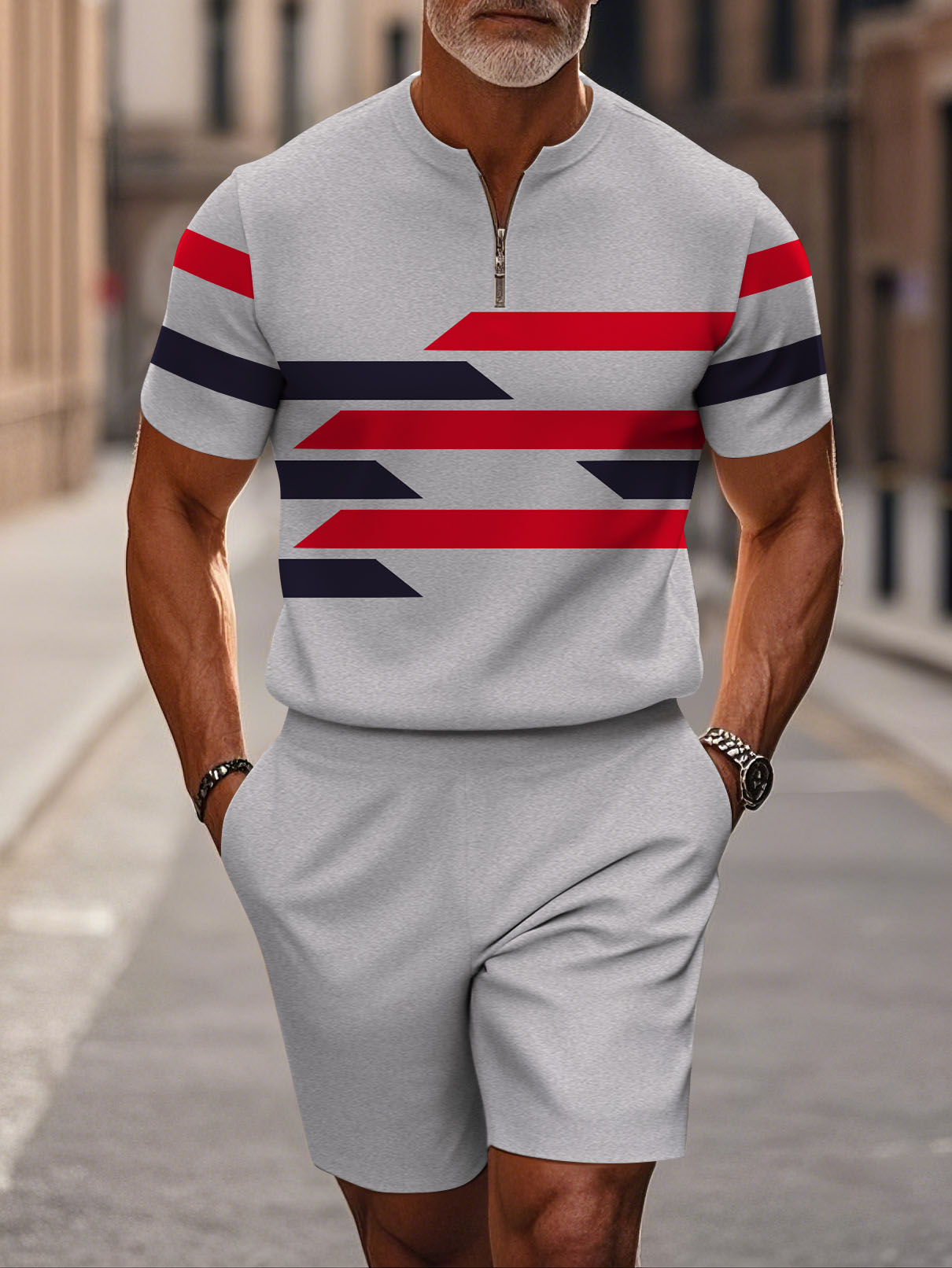 Men's fashion casual round-neck zipper geometric printed short-sleeved two-piece set