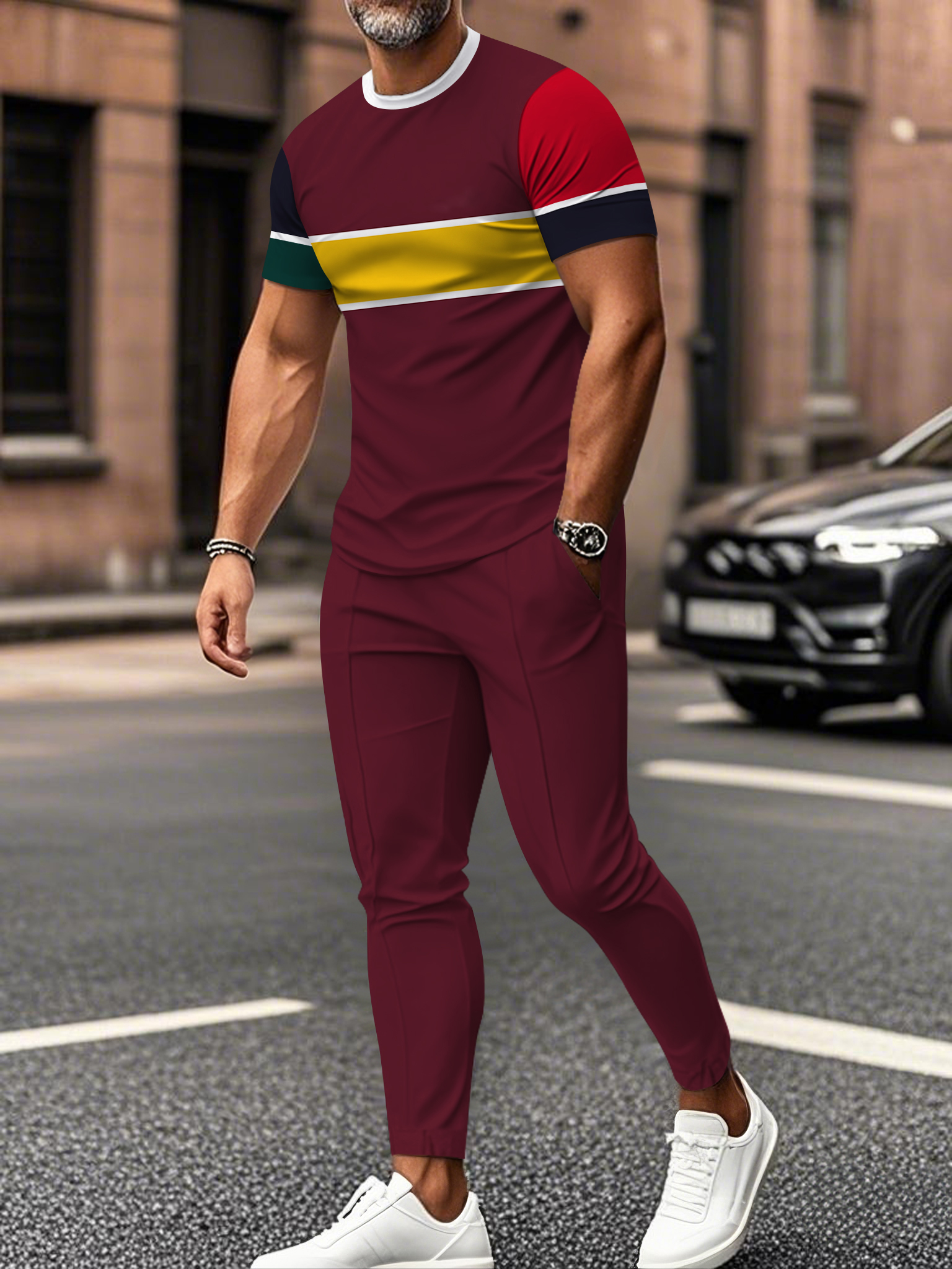 Men's fashion casual color matching striped printed short sleeved trousers two-piece set